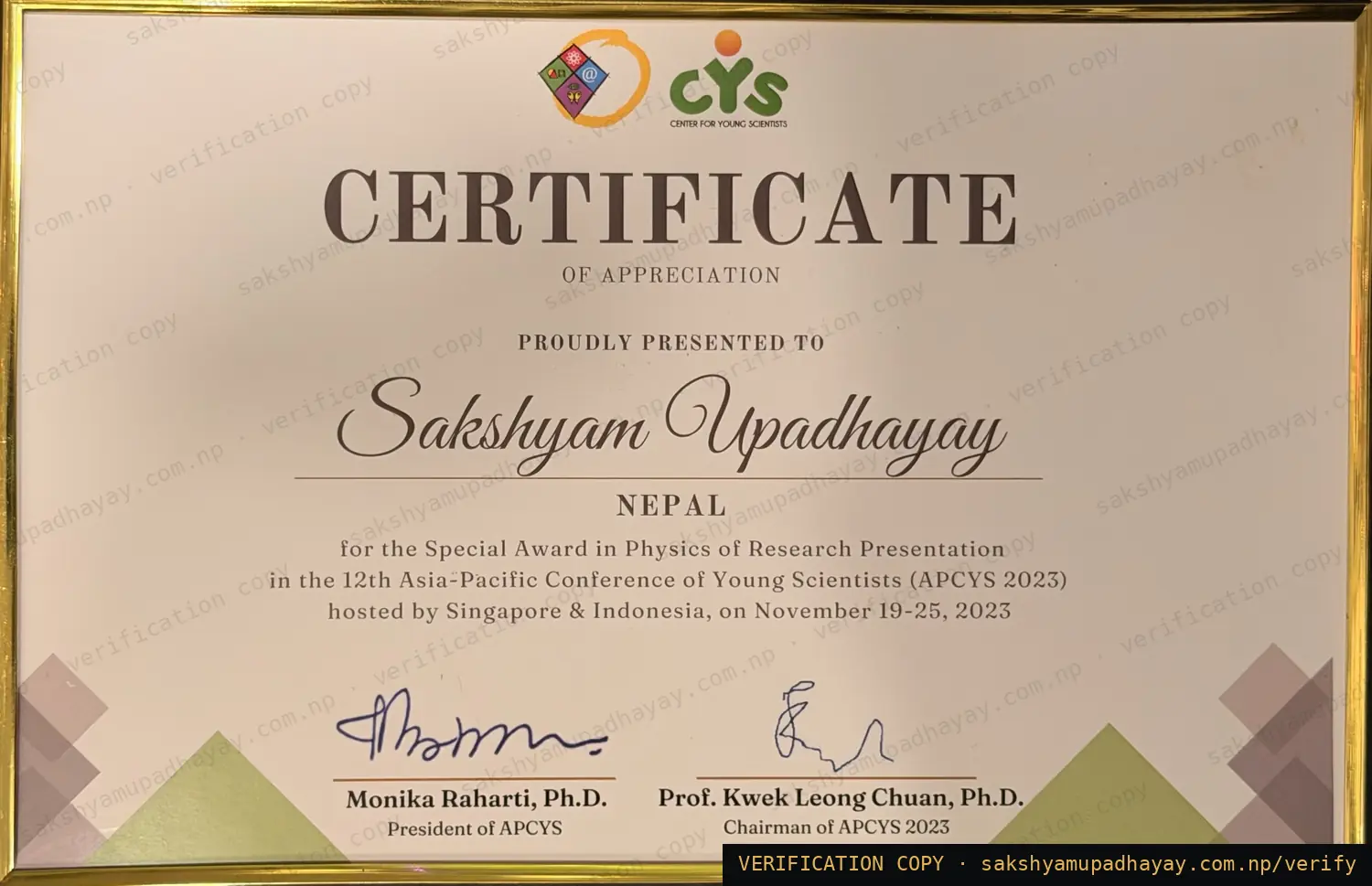 Certificate of Appreciation — 12th Asia-Pacific Conference of Young Scientists (APCYS 2023)