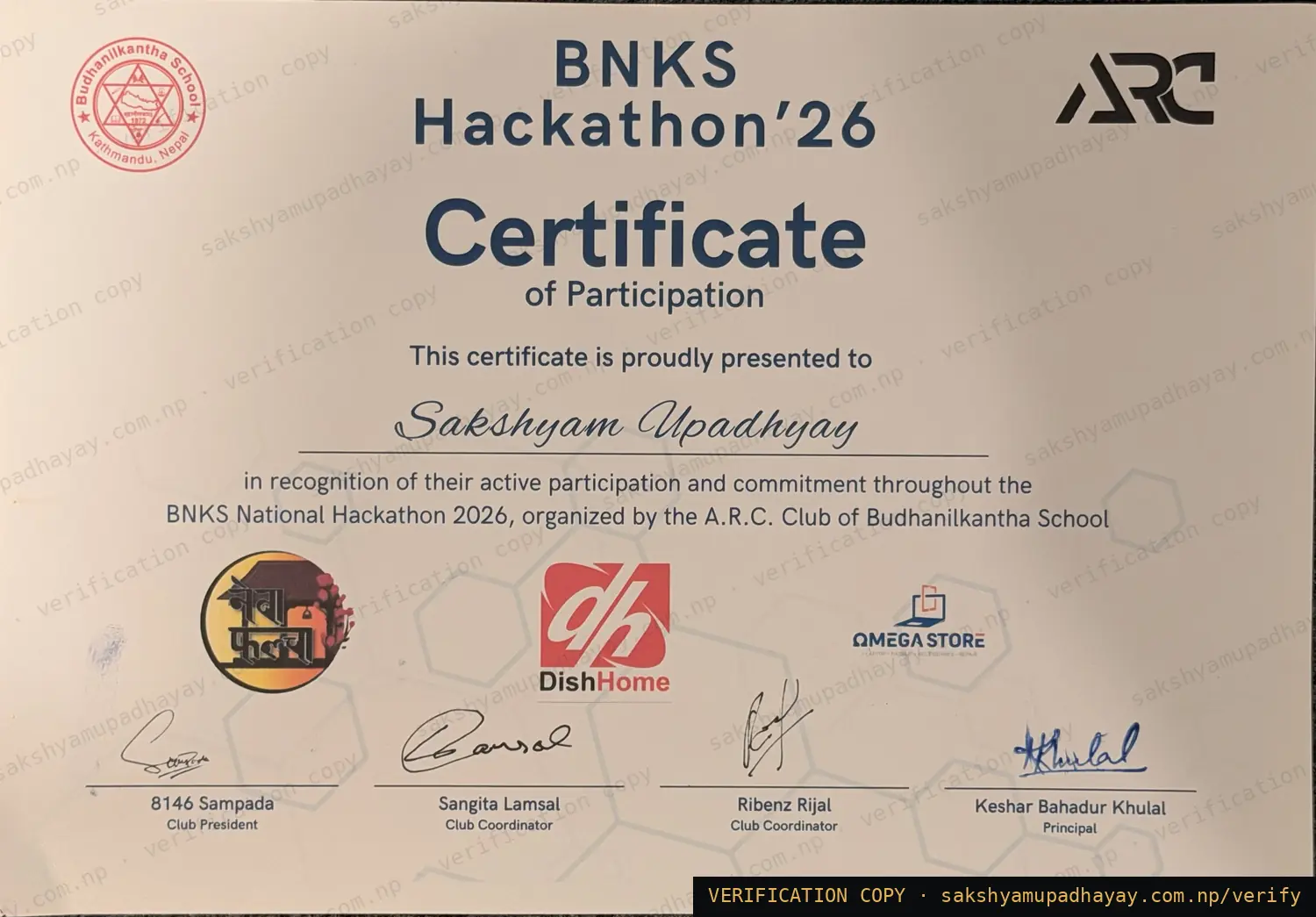 Certificate of Participation — BNKS National Hackathon (2025 edition)