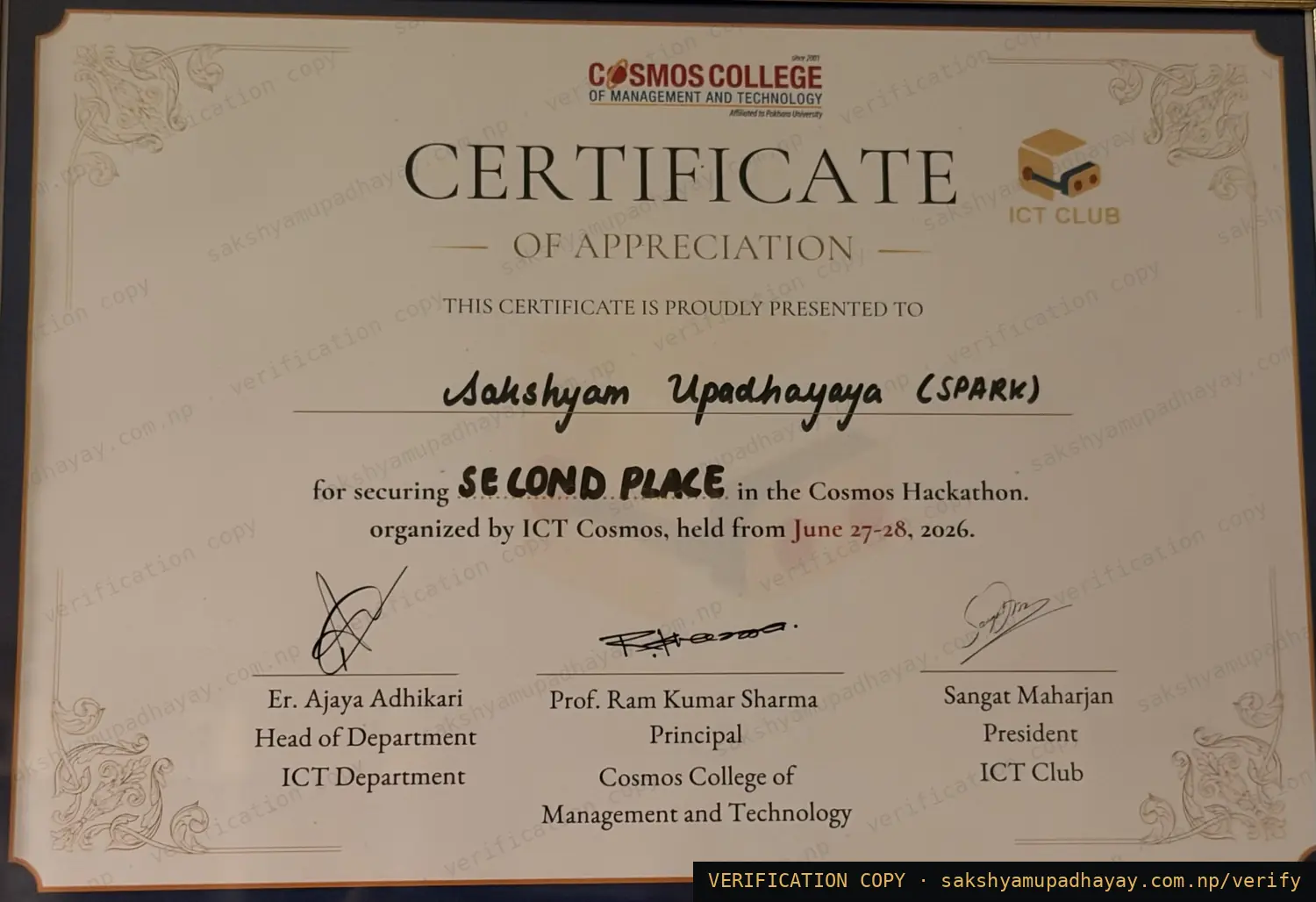 Certificate of Appreciation — Cosmos Hackathon
