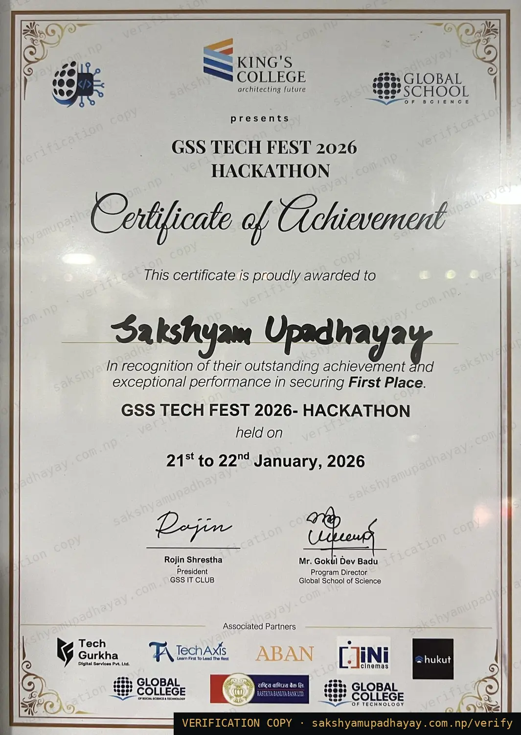 Certificate of Achievement — GSS Tech Fest 2026 — Hackathon