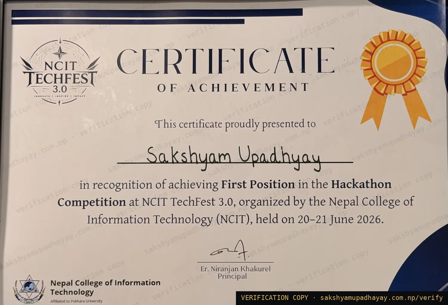 Certificate of Achievement — NCIT TechFest 3.0 — Hackathon Competition