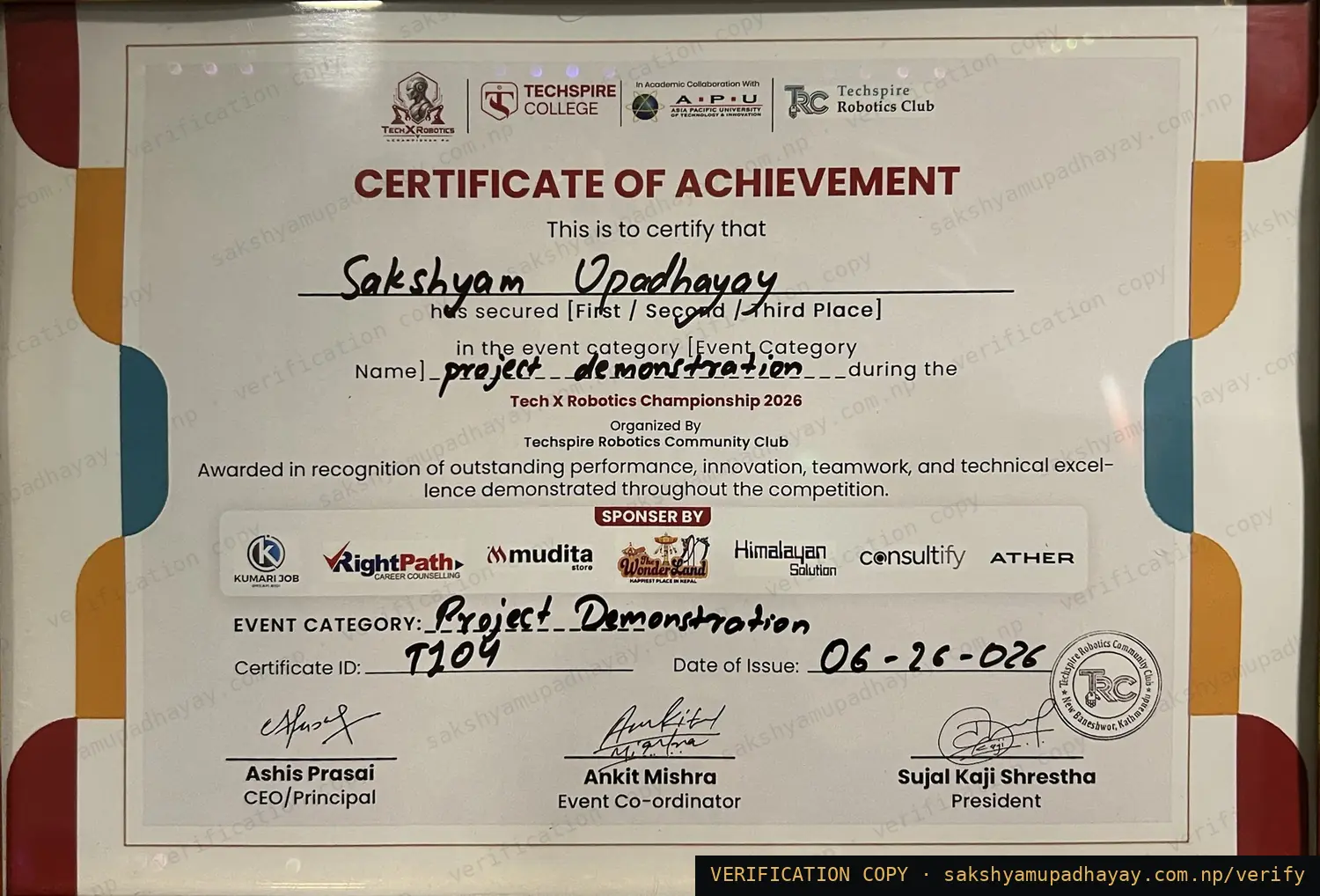 Certificate of Achievement — Tech X Robotics Championship 2026 — Project Demonstration