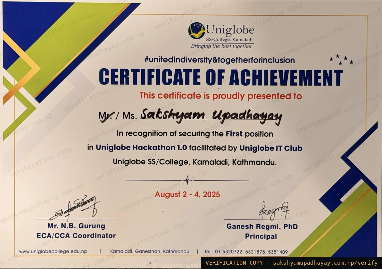 Certificate of Achievement — Uniglobe Hackathon 1.0