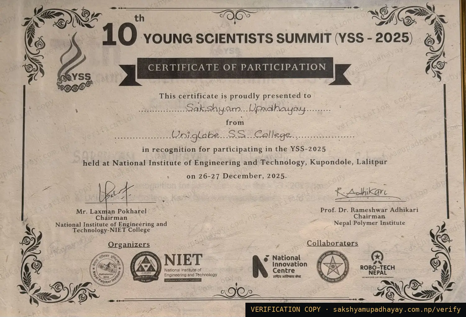 Certificate of Participation — 10th Young Scientists Summit (YSS-2025)